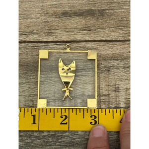 Vintage Gold Tone Cat Pendant with glass Square Frame - Unique Design